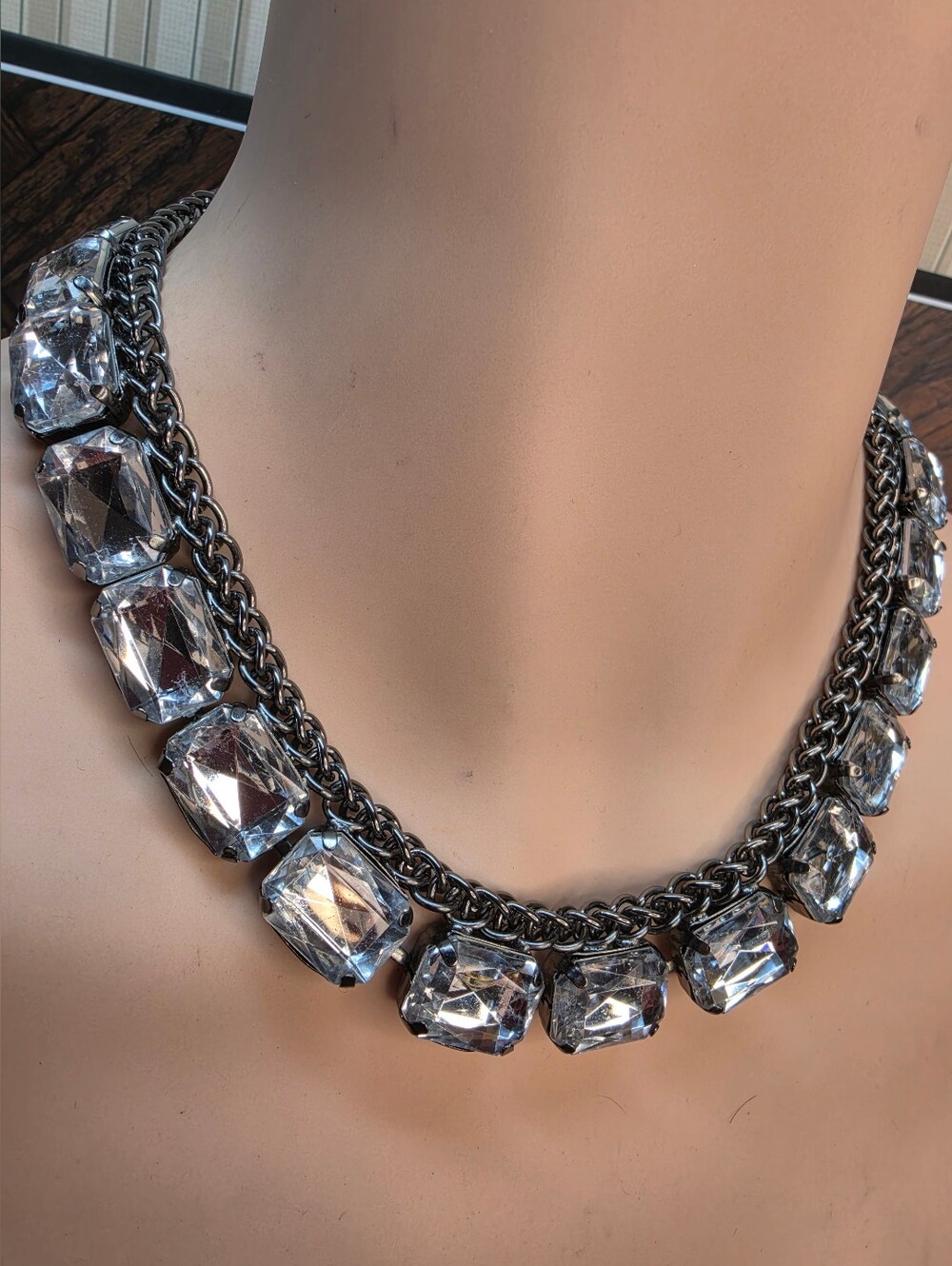 Vintage Gunmetal Crystal Statement Necklace Clear Faceted Acrylic Stones